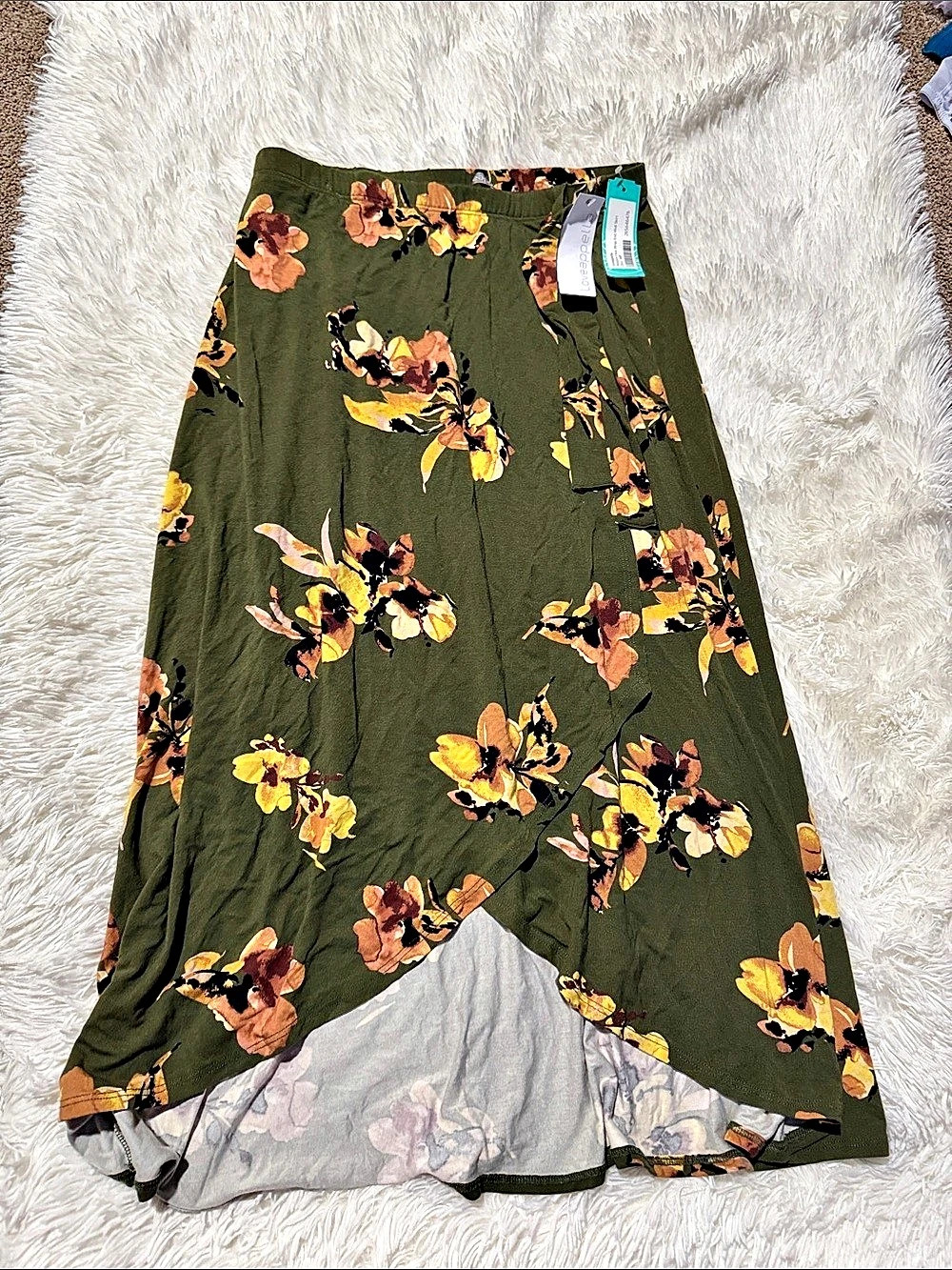 Loveappella Floral Faux Wrap Knit Midi Skirt Green & Orange Medium